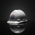 Safety glasses flat lay with hard hat and work gloves
