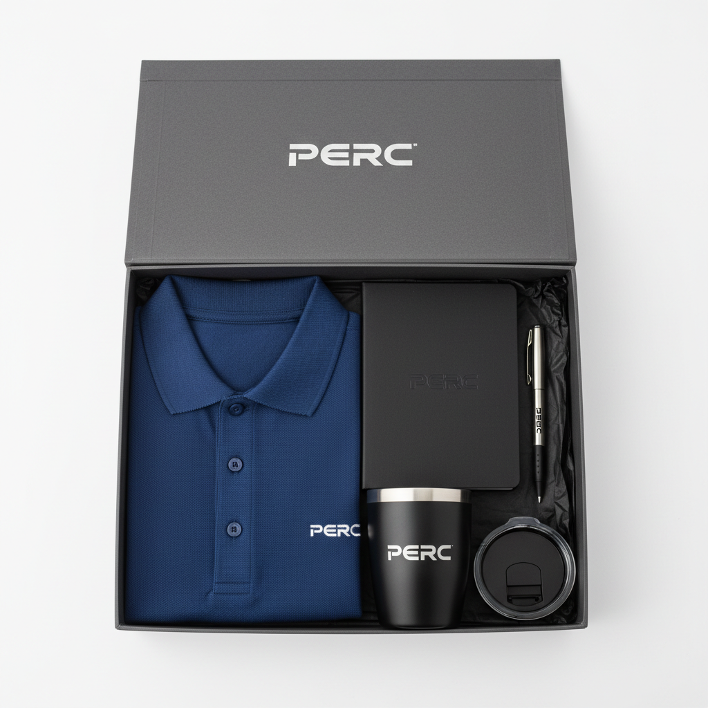 PERC new hire onboarding kit branded gift box flat lay