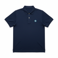 PERC navy polo shirt flat lay studio photo