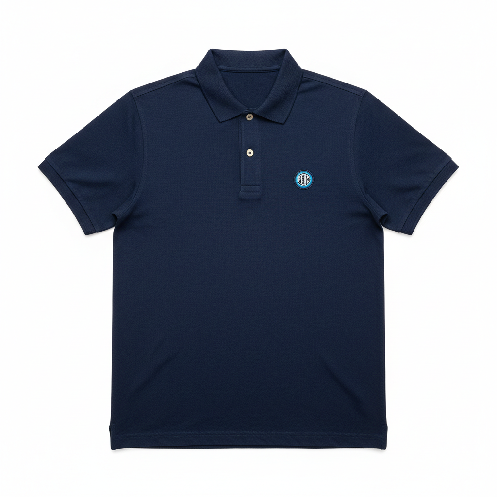 PERC navy polo shirt flat lay studio photo