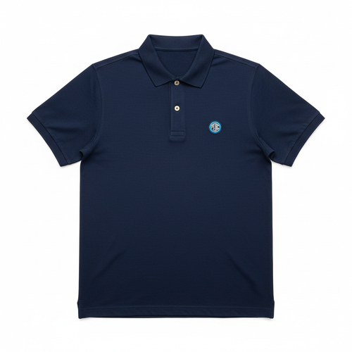 PERC navy polo shirt flat lay studio photo