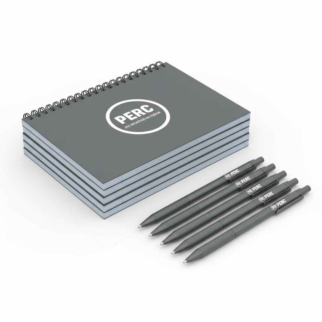 PERC weatherproof field notebooks and aluminum pens bulk set studio photo