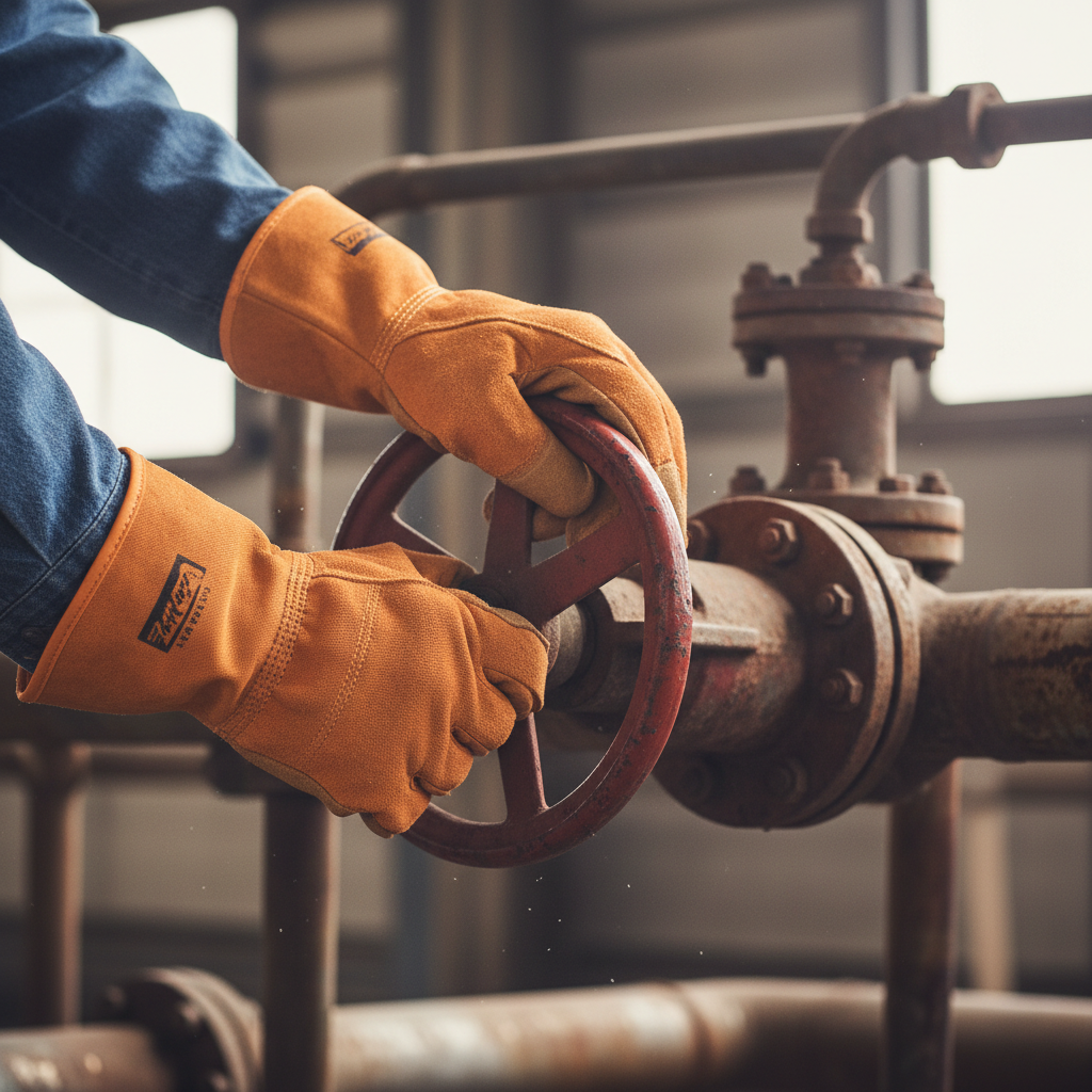 Worker hands in FR gloves gripping pipe valve