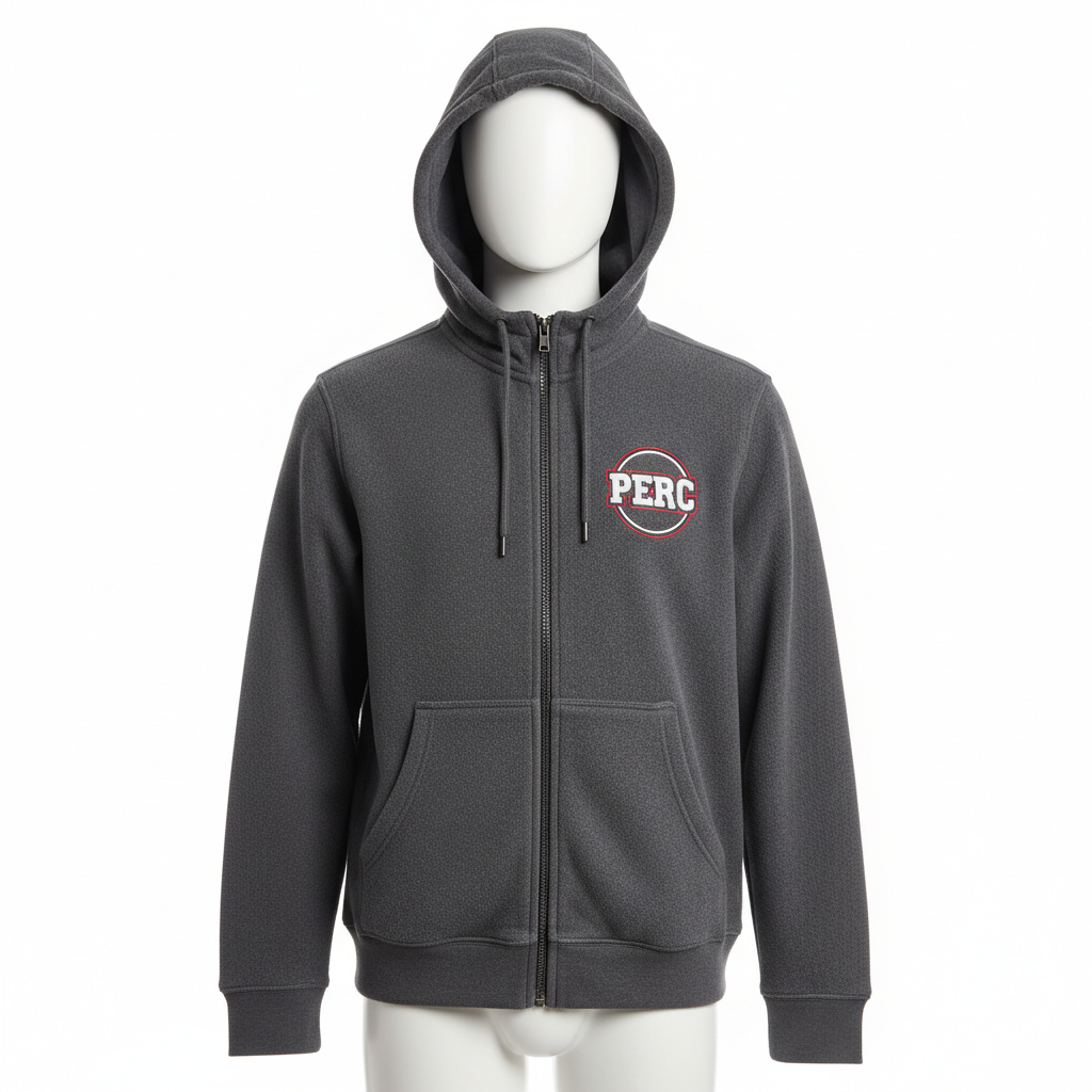 PERC charcoal zip-up fleece hoodie on mannequin studio photo