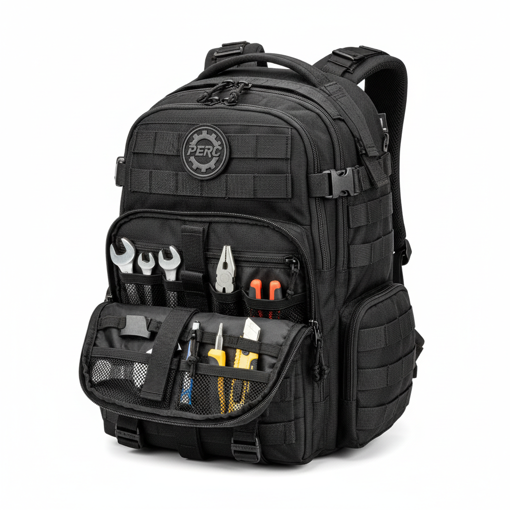 PERC black rugged field tool backpack studio photo